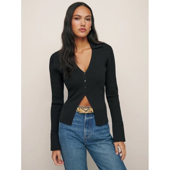 Reformation Valentina Ribbed Knit Top Open Cardigan Women's M Black Preppy